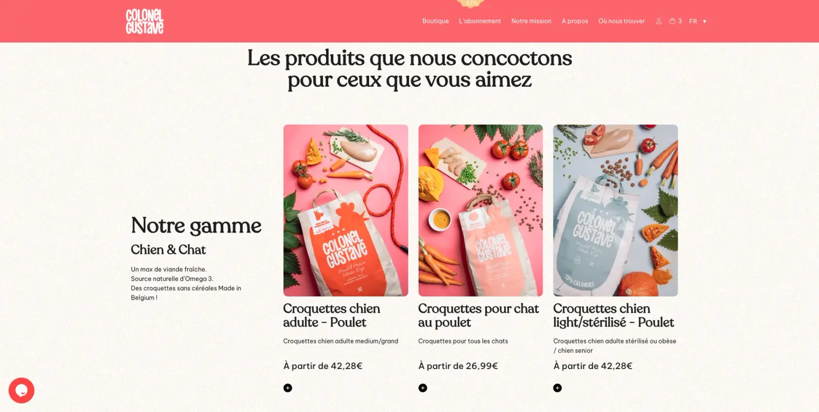 Screenshot of the Colonel Gustave pet food website